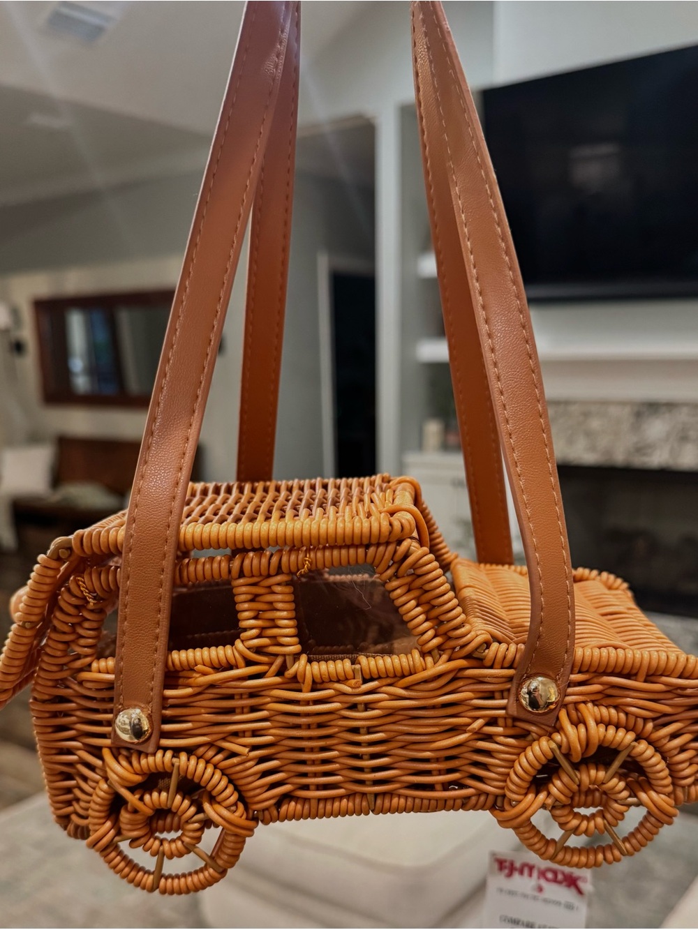 Tommy Bahama Woven Mini Car-Shaped Bag in Honey Brown with Tan Straps - Picture 9 of 12